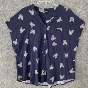 Torrid 1 Button Up Blouse French Bulldog Print Cap Sleeve Size 1X Rayon Soandex
